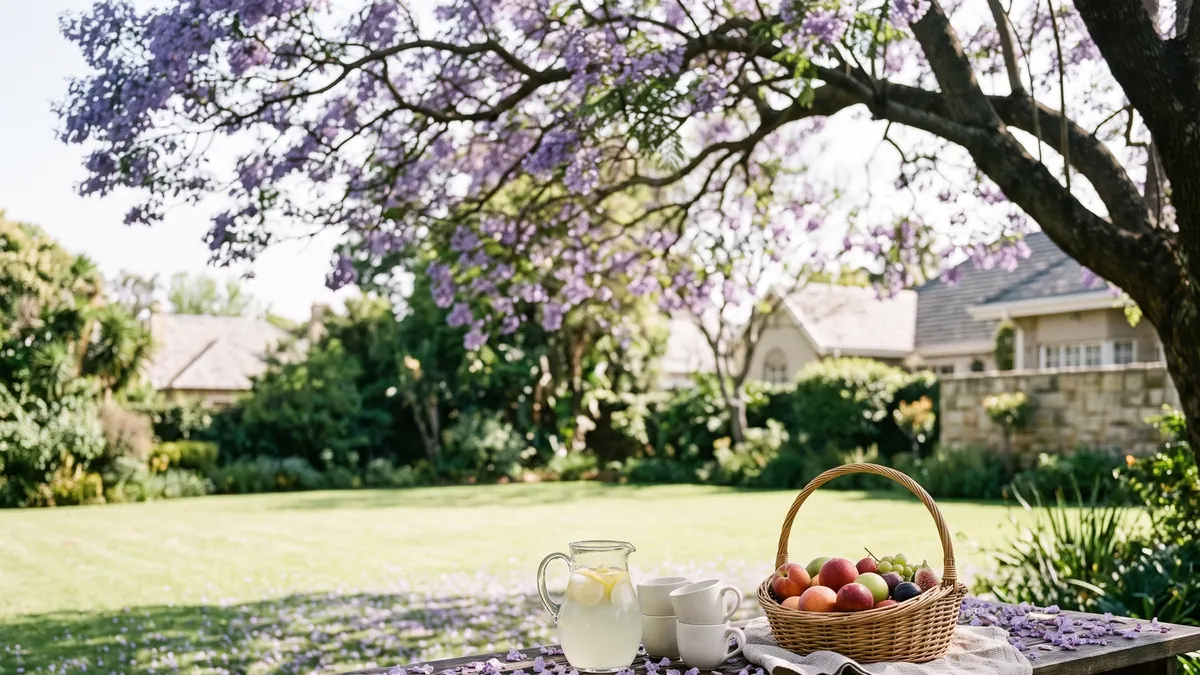 A picnic table set under a flowering jacaranda tree.