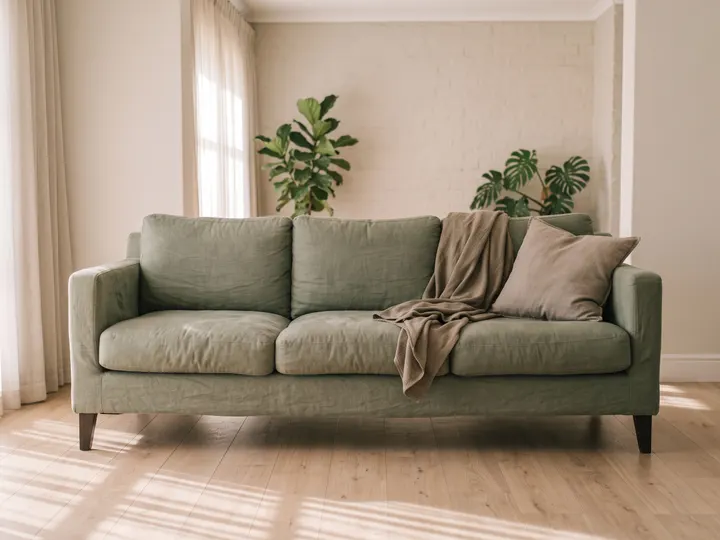 Sage green couch, front view.